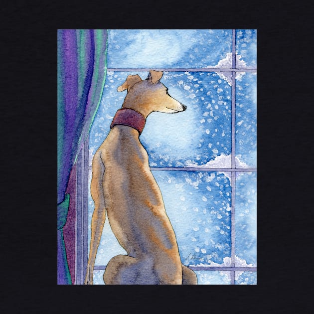 A greyhound dog admires the snowfall from his nice warm seat inside by SusanAlisonArt